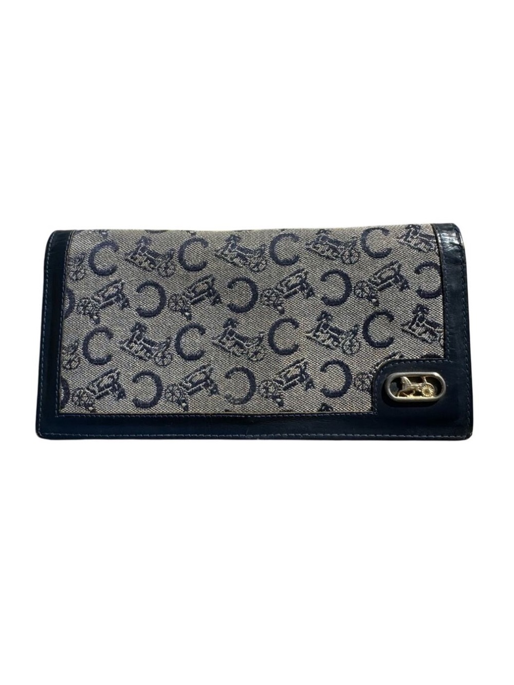 Authentic Vintage CELINE Navy Canvas and Leather Snap Lock Kiss Lock Long Wallet